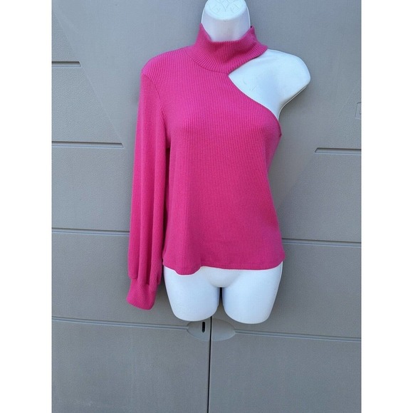 LNA MURPHY SWEATER ONE SHOULDER TURTLE KNECK LONG SLEEVES RIB TOP BARBIE PINK M - Picture 2 of 14